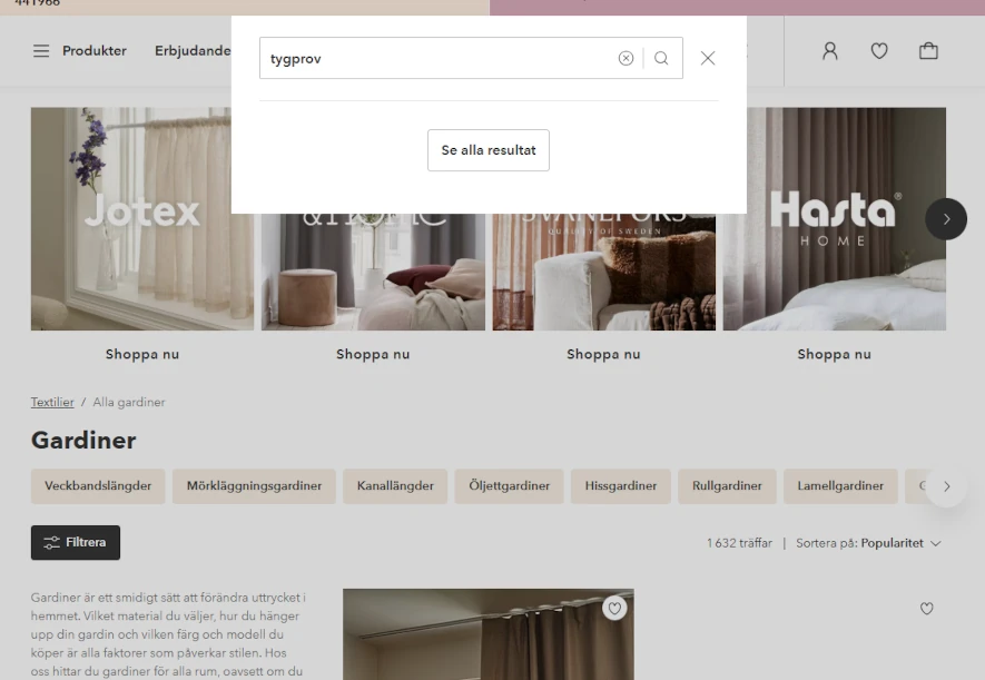 skärmdump som visar sökning efter tygprov på homeroom.se 2026-04-28